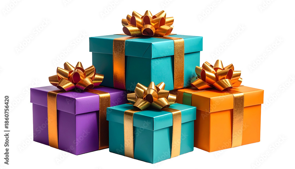 Fototapeta premium Stacked, colorful gift boxes with golden bows, against a black background