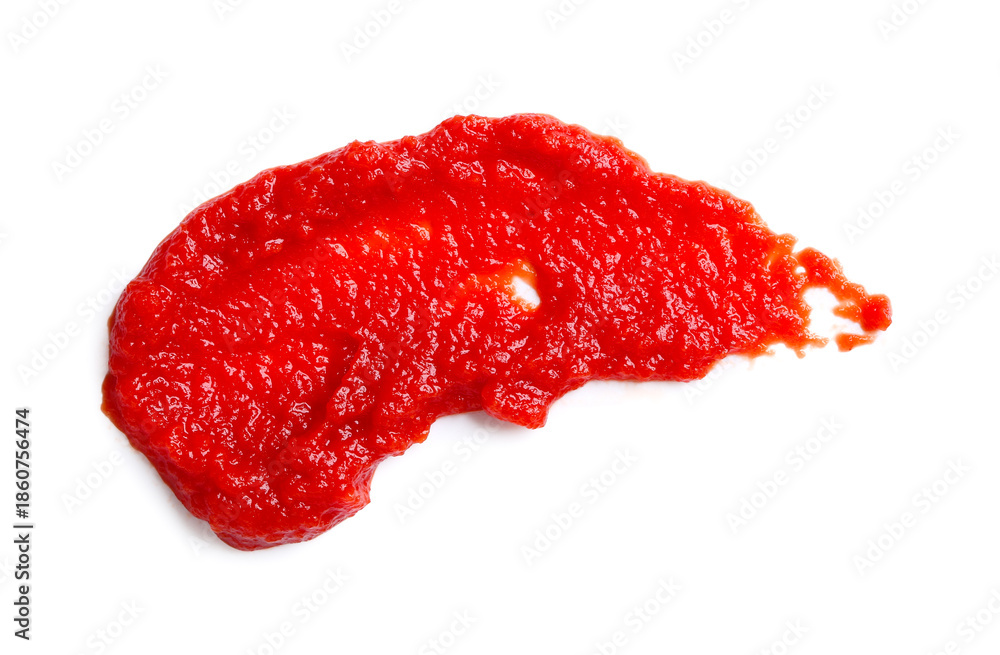 Fototapeta premium Red sauce smear isolated on white background, abstract ketchup or tomato puree stain texture, food splatter brush stroke with copy space