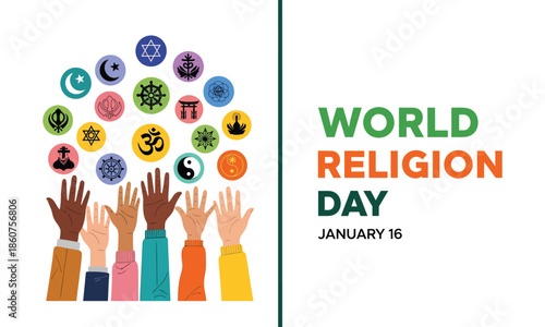 World religion day celebration with diverse hands and symbols