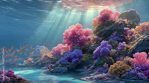 A vibrant coral reef teeming with marine life beneath the ocean's surface. Fantasy landscape anime or cartoon style, seamless looping 4k time-lapse virtual video.