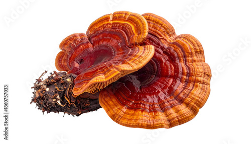 Close-up of vibrant, layered mushroom with deep red and amber hues, on black