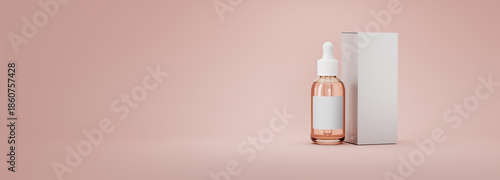 Serum skincare bottle and box in soft pink background with copy space. Hyaluronic acid, cosmetics organic serum product with peptide and empty label for mockup. Banner format High resolution render.