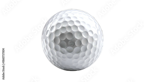 A close-up of a white golf ball with dimples against a stark black background