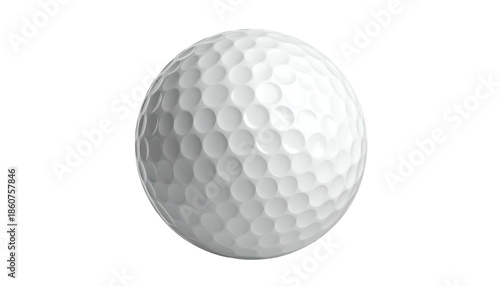 A close-up of a white golf ball with dimples on a black background