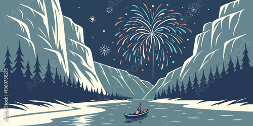 New Year Fireworks over Fjord Landscape