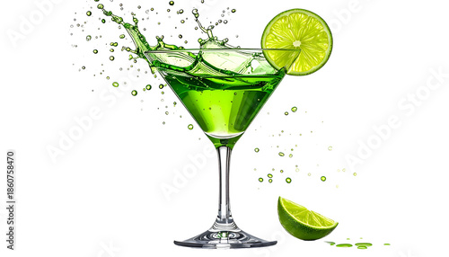 Bright green cocktail with a splash, lime garnish, isolated on black background