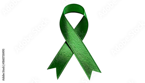 Single, glossy, green ribbon in a loop against a stark black background