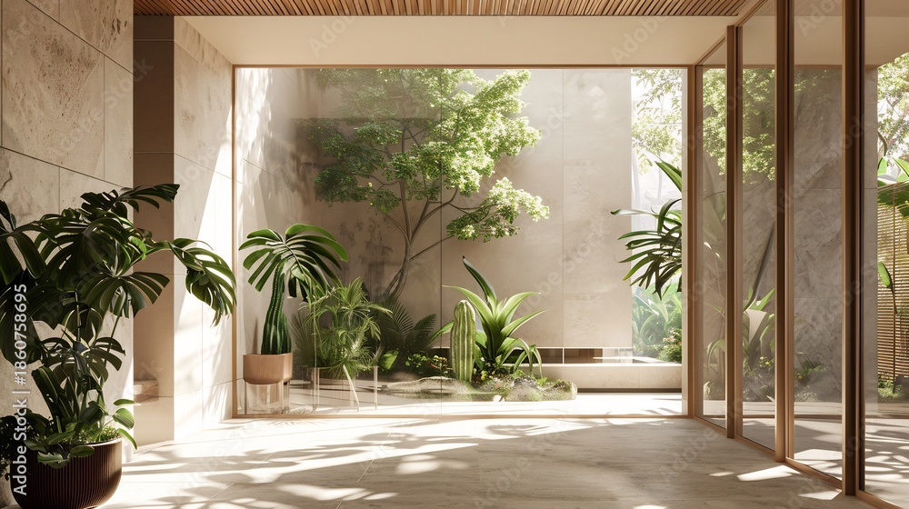 Fototapeta premium Modern Interior with Plants and Natural Light through Wooden Frame