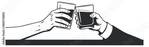 A pair of hands clinking glasses in black and white minimalist vector style, ideal for celebration and social events