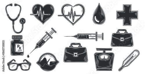 A collection of medical icons including a stethoscope, syringe, heart, and medical kit in black and white outline style, ideal for healthcare design and branding