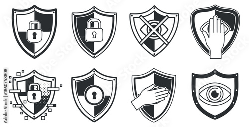 A collection of eight security shield icons in black and white vector style, suitable for cybersecurity and privacy themes