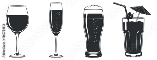 A collection of various drink glasses including wine, champagne, beer, and cocktail in black and white outline vector style, suitable for bar menus and event designs