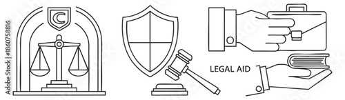 A collection of legal aid icons featuring scales of justice, a shield, and a gavel in minimalist outline vector style, perfect for legal service branding