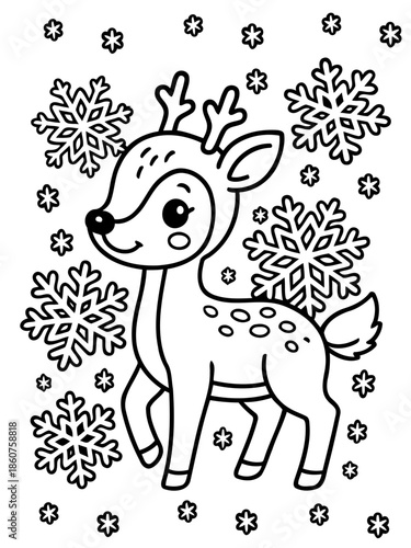 Festive Deer Delight: A cheerful cartoon reindeer frolics amidst a flurry of snowflakes, embodies the holiday spirit, radiating joy and festive charm.