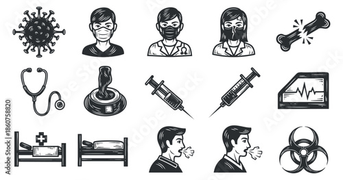 A collection of healthcare-related icons including doctors, nurses, syringes, and medical symbols in black and white vector style, suitable for health-related projects