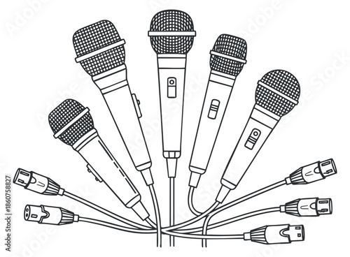 A collection of various microphones and cables in a clean black and white outline vector style, ideal for music and audio projects
