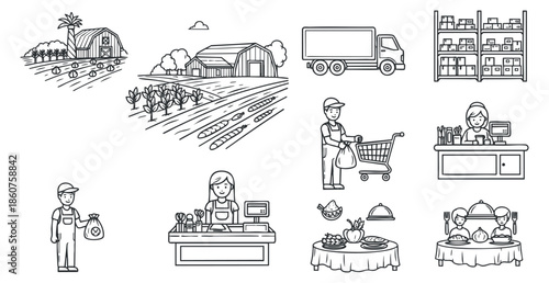 A collection of farm and grocery market icons in black and white outline vector style, suitable for agricultural and retail projects