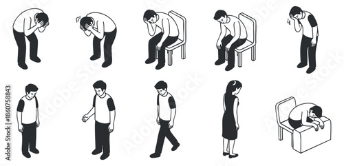 A collection of black and white vector illustrations depicting various emotions and body language related to sadness and reflection, suitable for mental health awareness materials