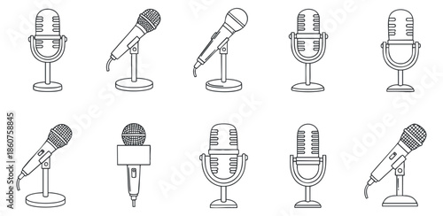 A collection of various microphone designs in minimal outline vector style, suitable for music and audio-related projects