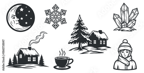 A collection of winter-themed illustrations featuring a snowy house, tree, coffee cup, moon, stars, snowflake, and crystal in black and white vector style, perfect for seasonal designs