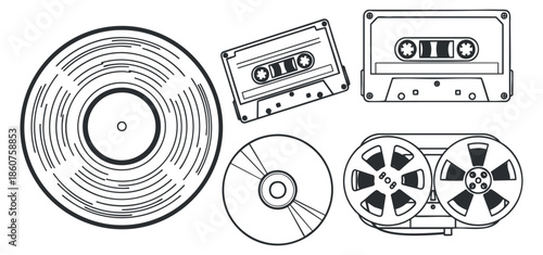 A collection of vinyl records and cassette tapes in black and white outline vector style, ideal for music-themed designs and projects