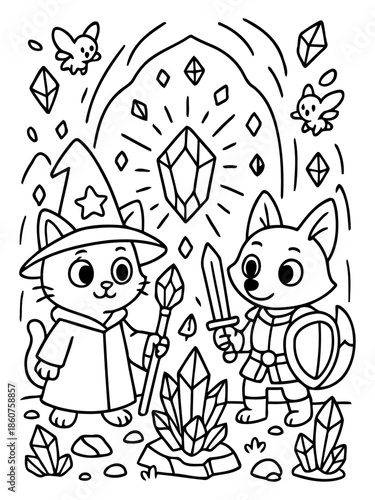 Magical companions: a cartoon featuring an adorable wizard cat and valiant fox, set in a mystical world filled with sparkling gems and magical charm.