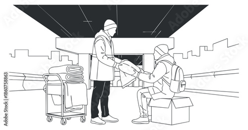 A scene depicting two people exchanging clothing at an urban location in outline vector style, ideal for social awareness projects