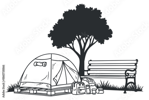 A camping scene featuring a tent, backpacks, and a tree near a bench in black and white vector style, perfect for outdoor adventure designs