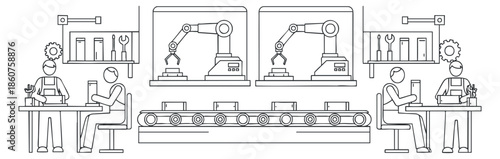 A line of robotic arms and workers in a modern factory setting in outline vector style, suitable for industrial design and technology presentations