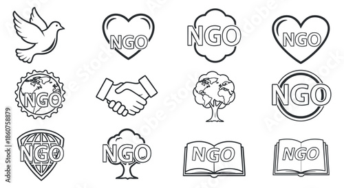 A collection of NGO-themed icons featuring a dove, handshake, globe, tree, and heart in outline vector style, suitable for social impact and charity projects