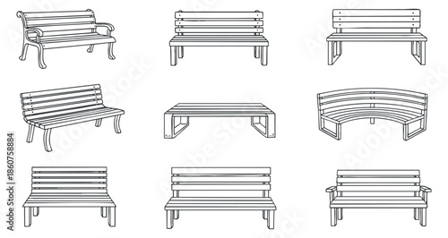 A collection of various bench designs in minimalist outline vector style, ideal for urban landscape and public space planning