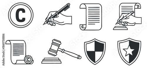 A collection of legal icons including copyright symbol, gavel, document with pen, and shield in black outline vector style, suitable for legal and business designs