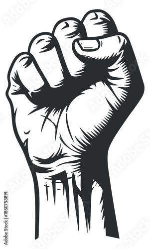 A raised fist symbolizing power and unity in black and white outline vector style, ideal for activism and protest designs