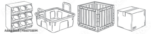 A collection of four storage containers including bins and boxes in clean outline vector style, ideal for logistics and organization projects