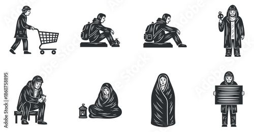 A collection of vector illustrations depicting various scenes of homelessness and poverty in a black and white style, suitable for social awareness campaigns