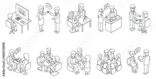 A collection of business communication scenarios in outline vector style, perfect for corporate training and professional presentations