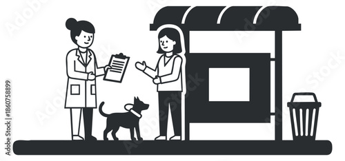 A veterinarian consulting with a pet owner at a dog care station in black and white vector style, perfect for animal health and service illustrations