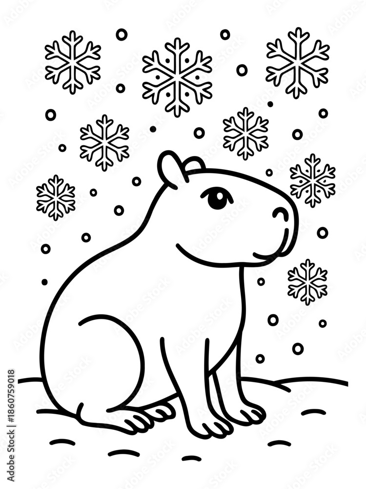 Fototapeta premium Cozy Capybara Under Snowfall: A cute capybara sits peacefully, enveloped by delicate snowflakes, creating a charming winter scene.