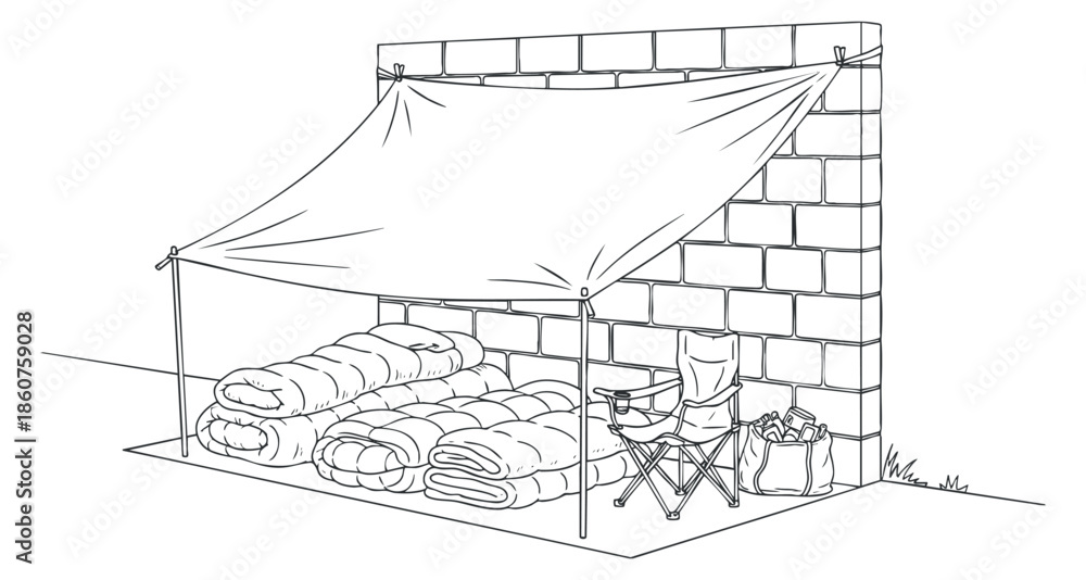 Obraz premium A camping tent setup with blankets and a chair illustrated in minimalist line art style, suitable for outdoor adventure themes