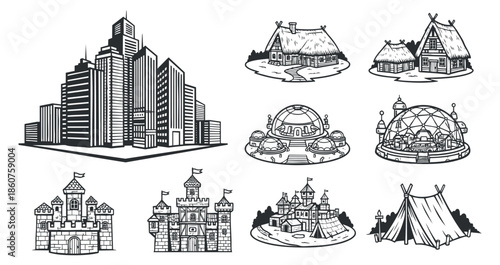 A collection of various buildings including skyscrapers, cabins, tents, and castles in black and white outline vector style, ideal for architectural designs and urban planning projects
