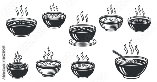 A collection of various soup bowls with steam in black and white vector style, perfect for restaurant menus and food illustrations