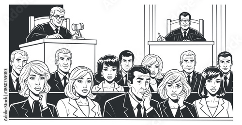 A courtroom scene featuring a judge, jury members, and lawyers in a black and white vector illustration, suitable for legal-themed projects