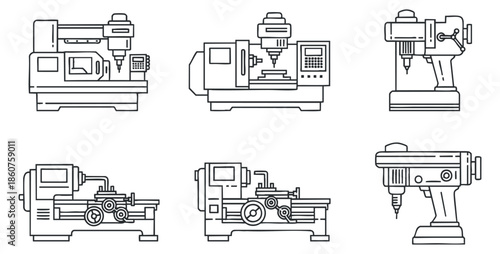 A collection of industrial machines including lathes and drills in minimalist black and white outline vector style, suitable for engineering and manufacturing projects