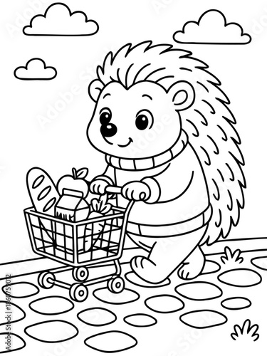 Hedgehog Shopping Spree: A cute hedgehog pushes a shopping cart full of groceries, strolling on a stone pavement. With a serene sky above.