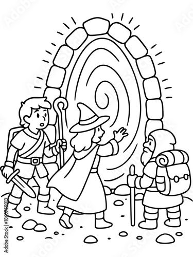 Fantasy Portal: A brave group of adventurers stands before an enigmatic portal, poised on the edge of the unknown, ready to step through into a realm of fantasy and wonder.