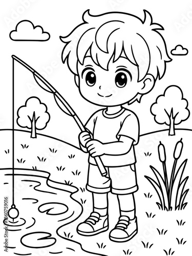 Young Angler's Dream: A charming cartoon depicts a young boy fishing in a peaceful outdoor setting, symbolizing the innocence and simple joys of childhood. 