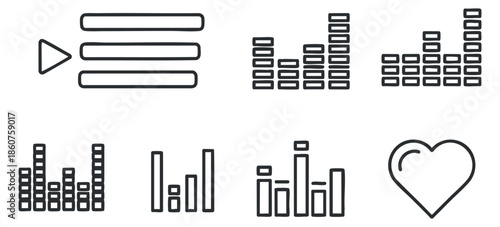 A set of music and audio icons including equalizers, play button, and heart symbol in minimalist outline vector style, suitable for music apps and digital media projects