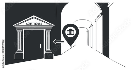 A minimalist vector illustration of a court building entrance with archways and directional signage in black and white, suitable for legal or civic themes