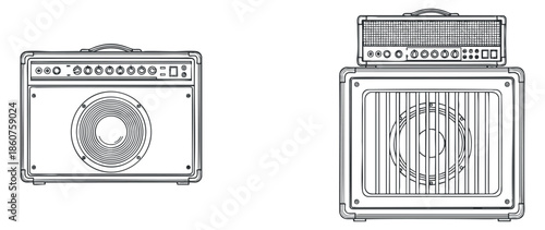 A collection of vintage guitar amplifiers in black and white outline vector style, perfect for music-related projects and designs