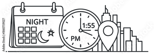A night calendar with a clock showing 1:55 PM and a city skyline in minimalist vector outline style, ideal for time management and scheduling applications